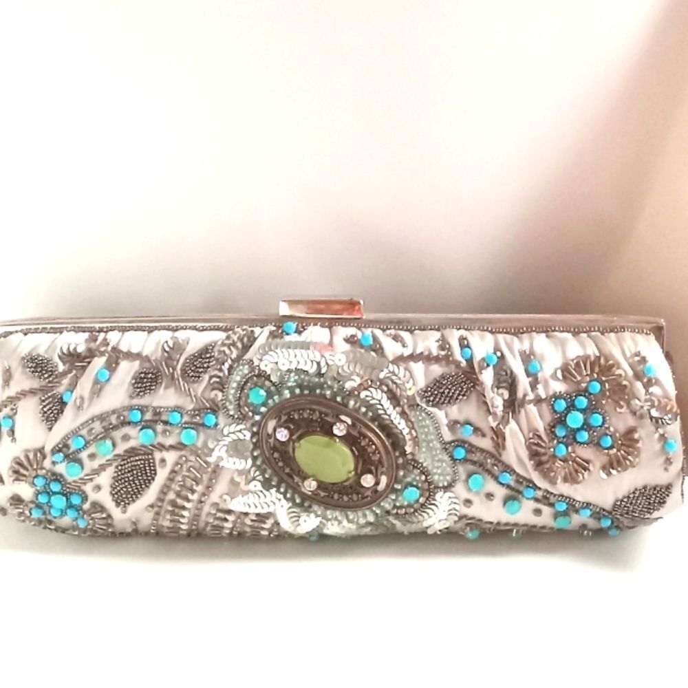 MOYNA GRAY SILK BAG WITH TURQUOISE AND JADE STONES DETAILS